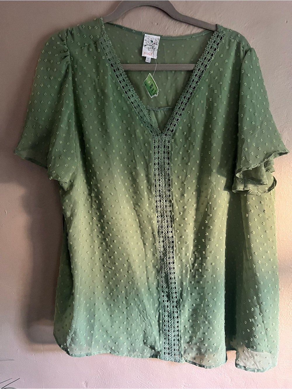 NAIF Olive Green Swiss Dot Lace-Trim V-Neck Blouse